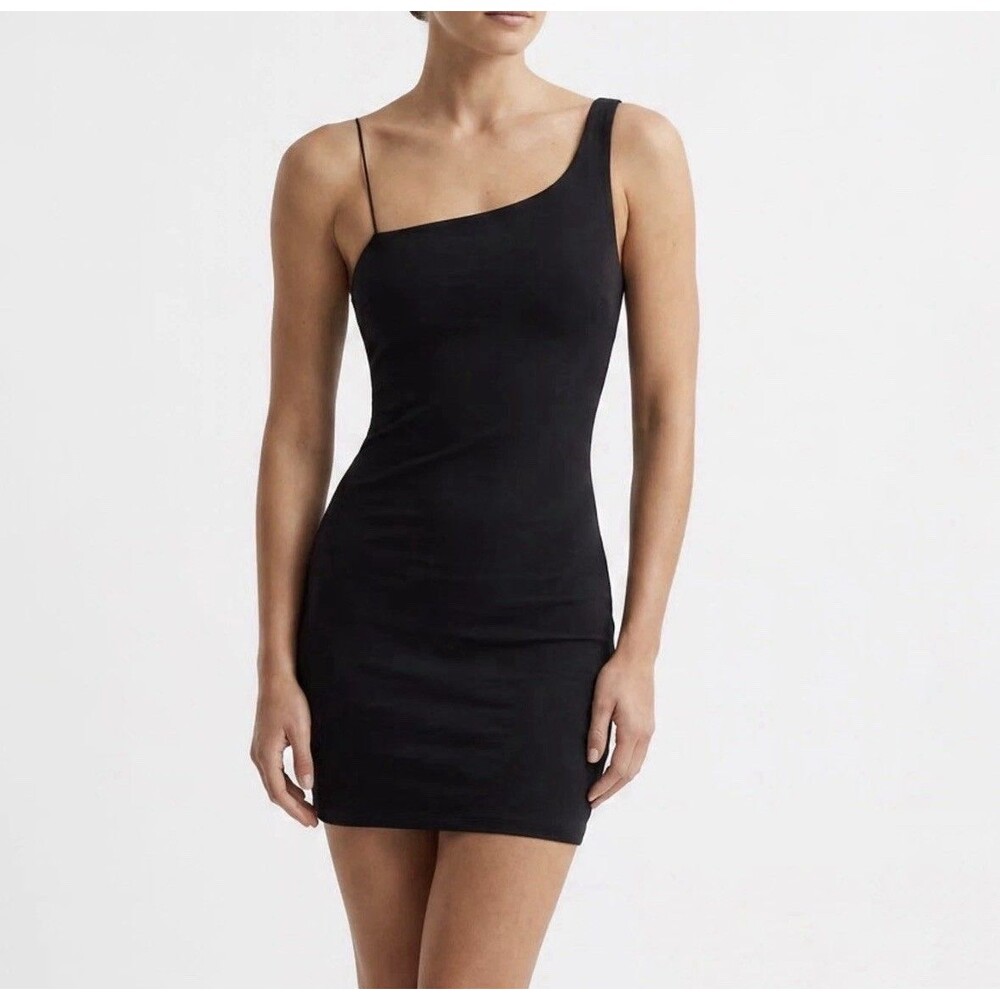 Naked Wardrobe Black Ribbed One Shoulder Asymmetric Bodycon Mini Dress Size M